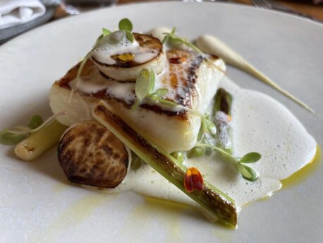 Grilled Turbot with leeks and miso at Rogan and Co in Cartmel