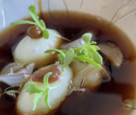 Old Winchester Cheese Dumplings in an onion broth at Rogan and Co in Cartmel