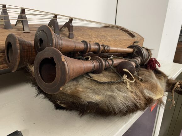 Sicilian bagpipes made from goat leather, around 120 years old, in the Royal Northern College of Music (RNCM) in Manchester's Collection of Historic Musical Instruments