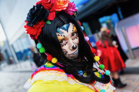 A girl dressed for the Merseyday of the Dead fiesta in Stockport.